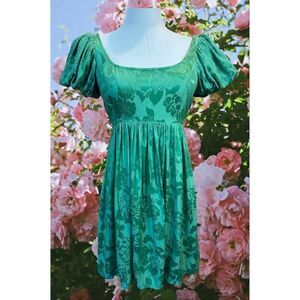 By TiMo Size XS Babydoll Fairycore Cottagecore Jacquard Mini Dress Emerald $325